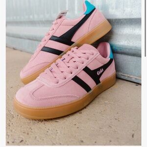 Gola Pink Suede Sneakers with Black Stripes and Turquoise Heel Tab
